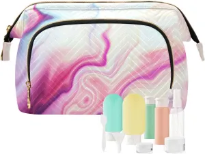 Abstract Liquid Marble Agate Slab Paint Pastel Pink Macro Wavy Lines Women Cosmetic Bag Makeup Bag Stylish Trip Beauty Bag Travel Toiletry Bag with Bottle Organizer 10.2 x 5.9 x 6.7 inch