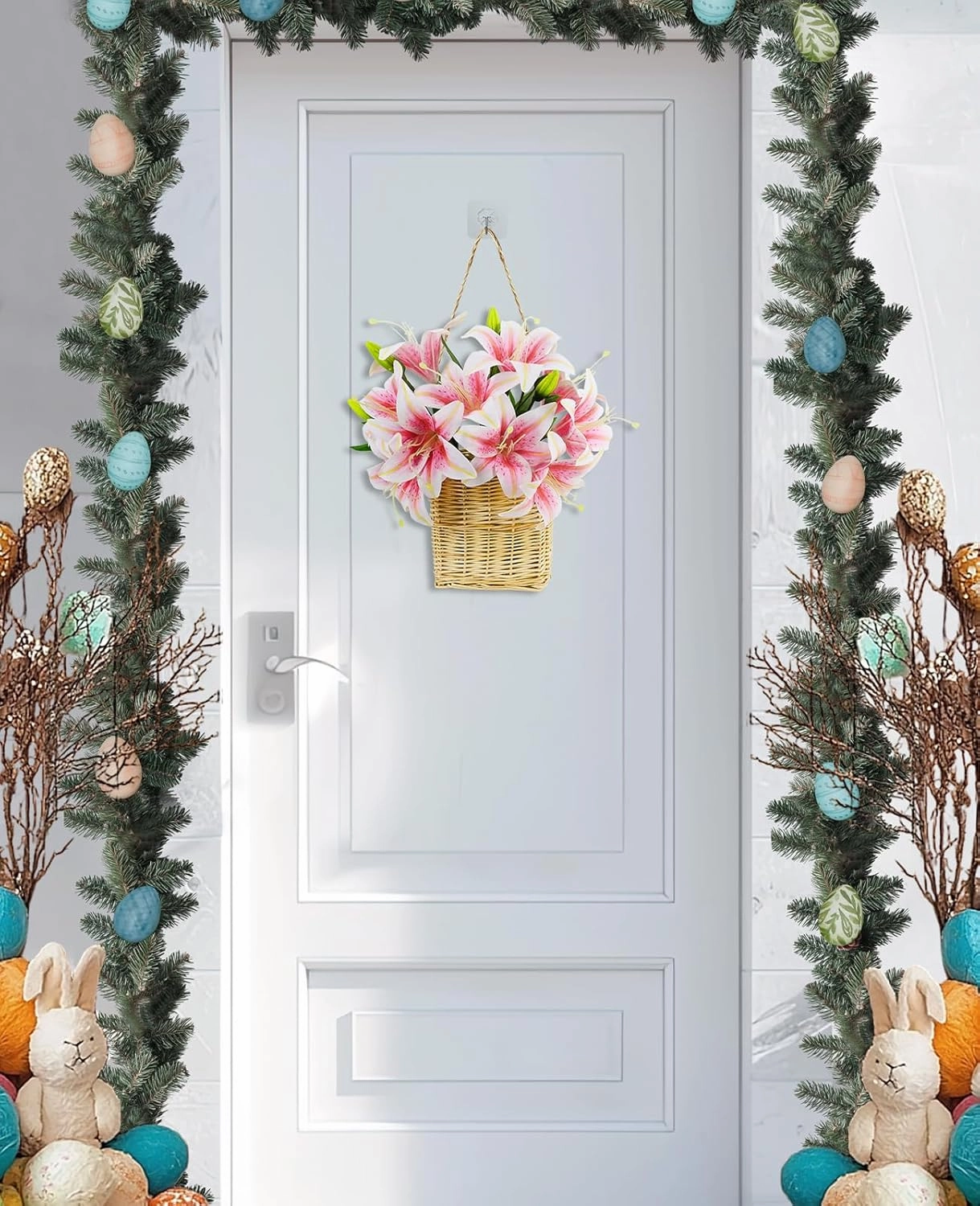AceList 5 Pcs Easter Lily Artificial Flowers with Hanging Floral Basket, Pink Artificial Lily Flowers, Tiger Lily Easter Flowers in Hanger Basket, Real Touch Faux Flowers Wreath for Home Front Door