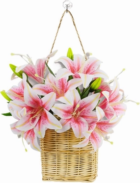 AceList 5 Pcs Easter Lily Artificial Flowers with Hanging Floral Basket, Pink Artificial Lily Flowers, Tiger Lily Easter Flowers in Hanger Basket, Real Touch Faux Flowers Wreath for Home Front Door