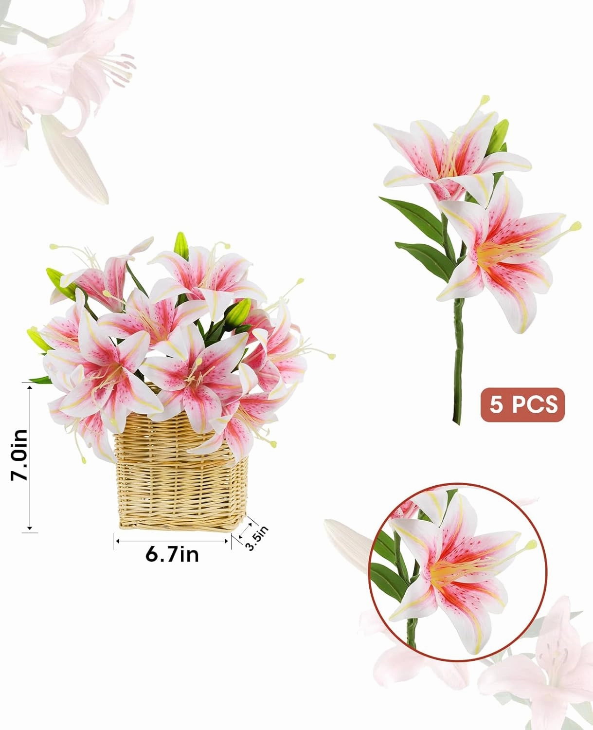 AceList 5 Pcs Easter Lily Artificial Flowers with Hanging Floral Basket, Pink Artificial Lily Flowers, Tiger Lily Easter Flowers in Hanger Basket, Real Touch Faux Flowers Wreath for Home Front Door