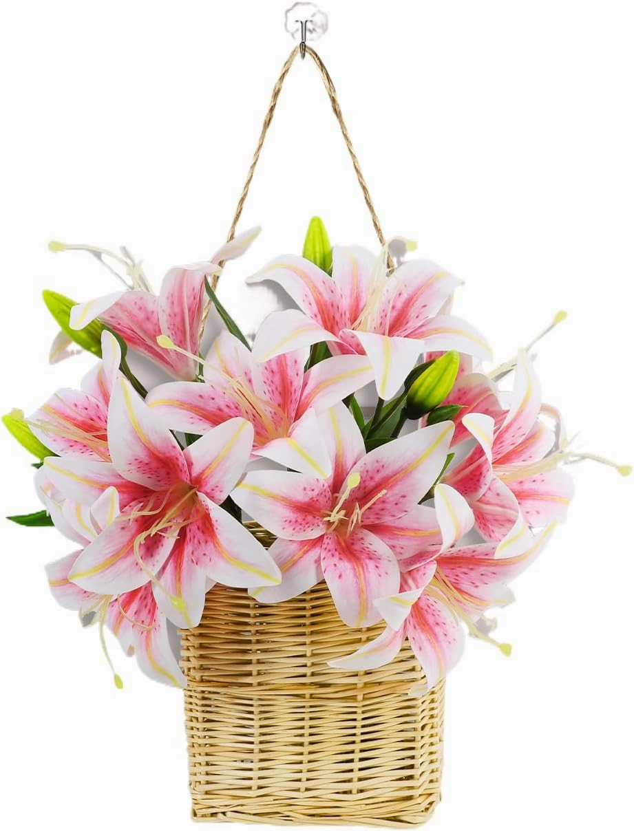 AceList 5 Pcs Easter Lily Artificial Flowers with Hanging Floral Basket, Pink Artificial Lily Flowers, Tiger Lily Easter Flowers in Hanger Basket, Real Touch Faux Flowers Wreath for Home Front Door