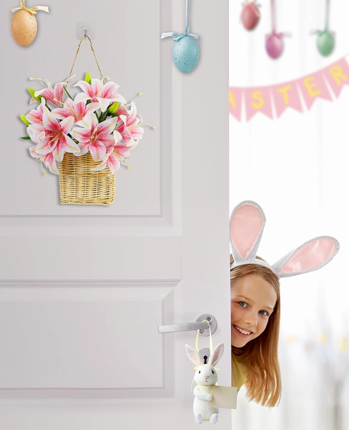 AceList 5 Pcs Easter Lily Artificial Flowers with Hanging Floral Basket, Pink Artificial Lily Flowers, Tiger Lily Easter Flowers in Hanger Basket, Real Touch Faux Flowers Wreath for Home Front Door