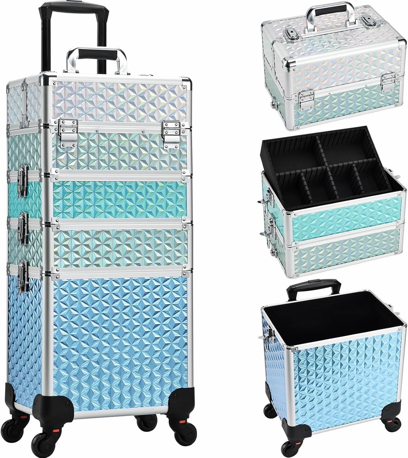 Adazzo Professional Rolling Makeup Train Case 4 in 1 Aluminum Trolley Case with 360° Rotation Wheels for Makuep Artist Cosmetic Suitcase Organizer with Lock and Key Diamond Pattern - Turquoise