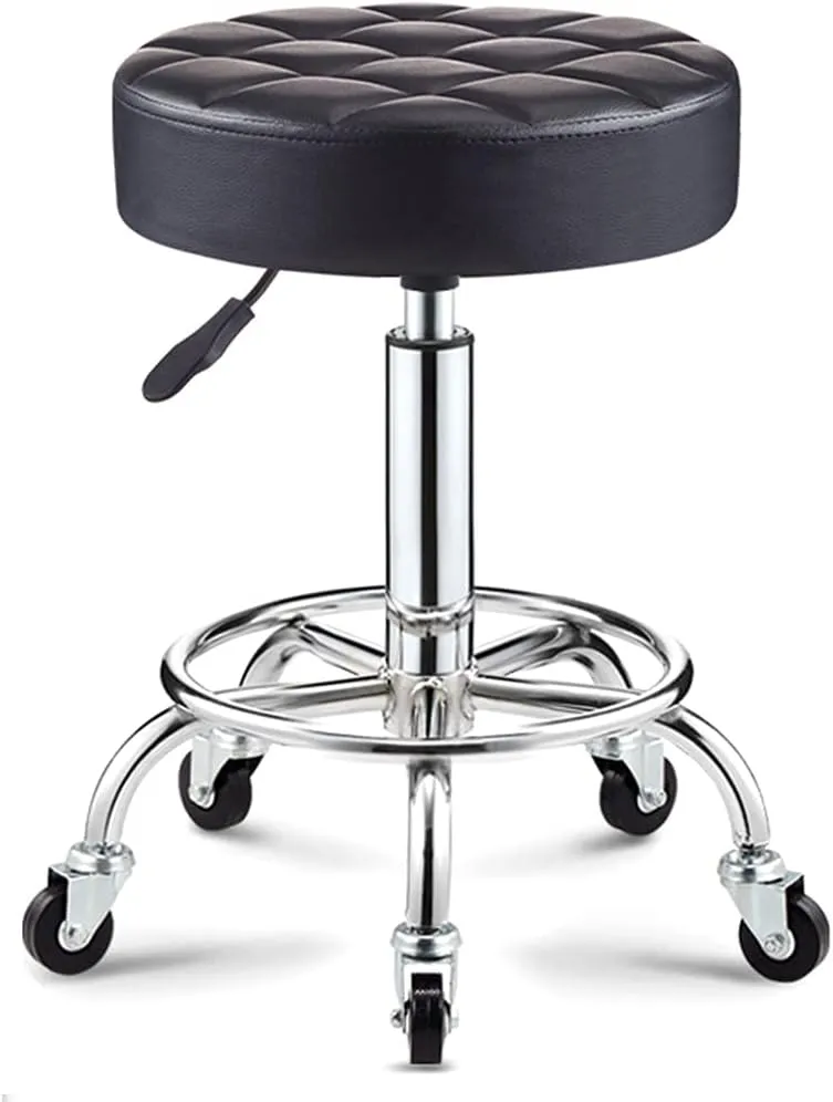 Adjustable Height Stool with 5 Wheels/13 Inch Thick Sponge, Chrome Steel PU Leather Bar Stool Work Shop Stool,Hydraulic Rolling Swivel Salon Stool,Massage Spa Tattoo Pink,Gold (Black)