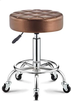 Adjustable Height Stool with 5 Wheels/13 Inch Thick Sponge, Chrome Steel PU Leather Bar Stool Work Shop Stool,Hydraulic Rolling Swivel Salon Stool,Massage Spa Tattoo Pink,Gold (Brown)