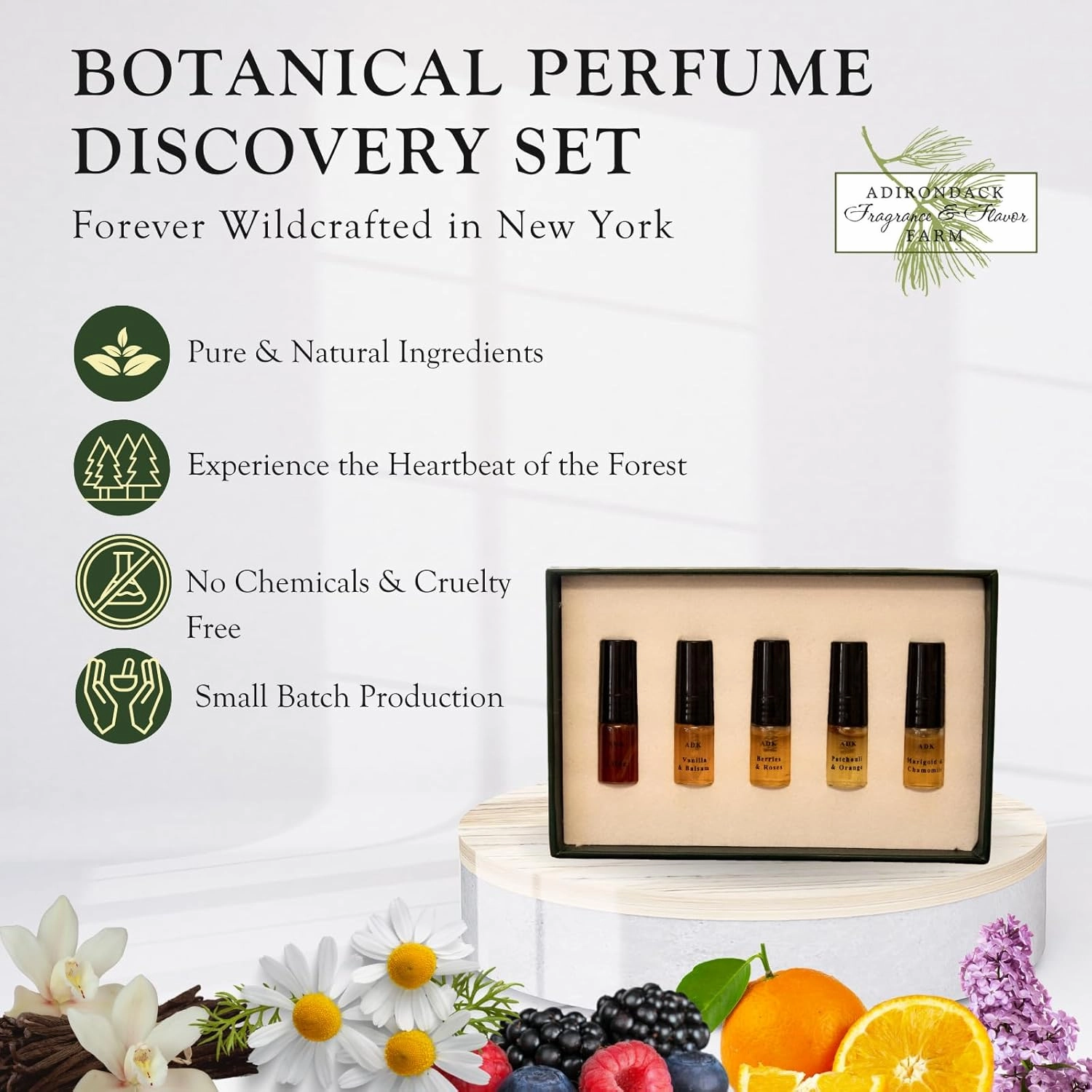 ADK Botanical Perfume Spray Discovery Set, Included Lilac, Patchouli & Orange, Marigold & Chamomile, Berries & Roses, Vanilla & Balsam - Natural Clean Perfume for Women & Men