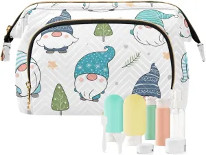 Adorable Christmas Winter Snow Gnomes with Green Leaves on White Women Cosmetic Bag Makeup Bag Stylish Trip Beauty Bag Travel Toiletry Bag with Bottle Organizer 10.2 x 5.9 x 6.7 inch
