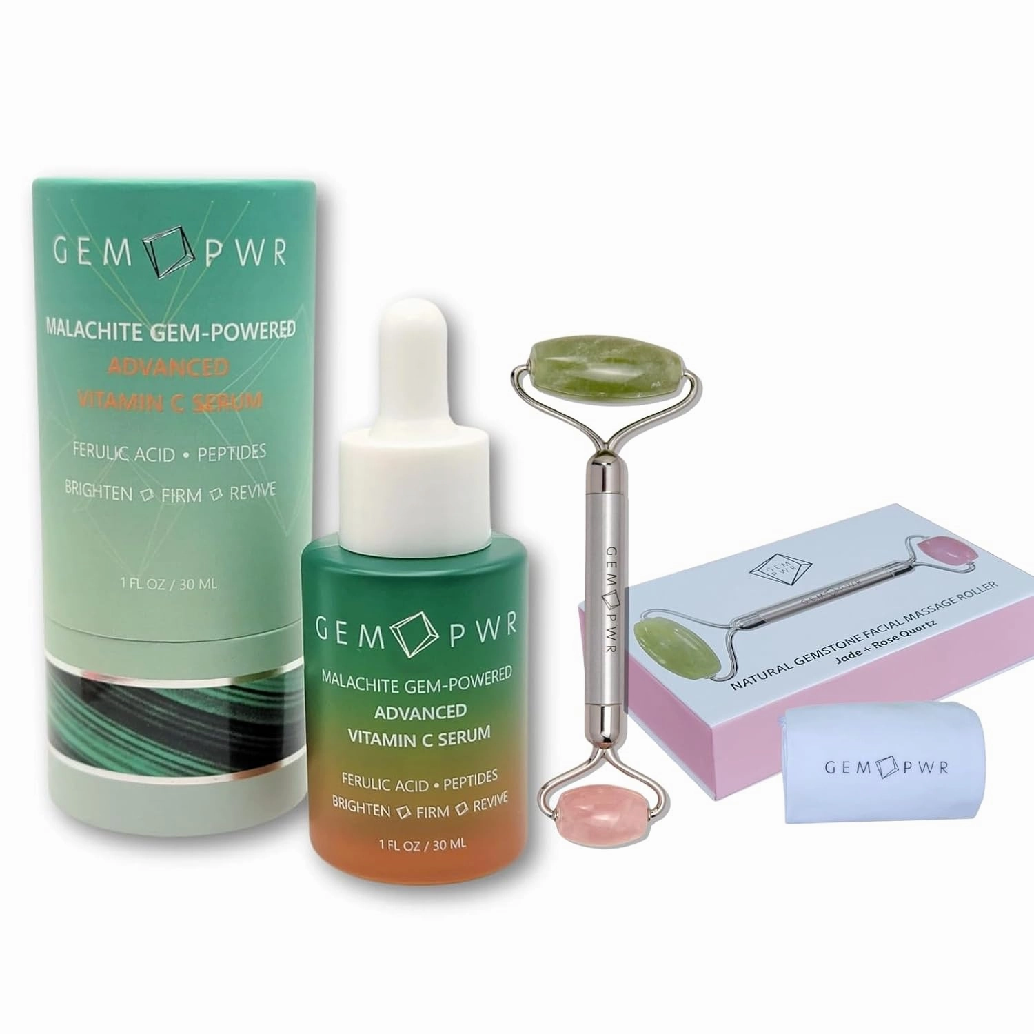 Advanced Vitamin C Serum with Malachite Extract and Rose Quartz   Jade Face Roller Bundle