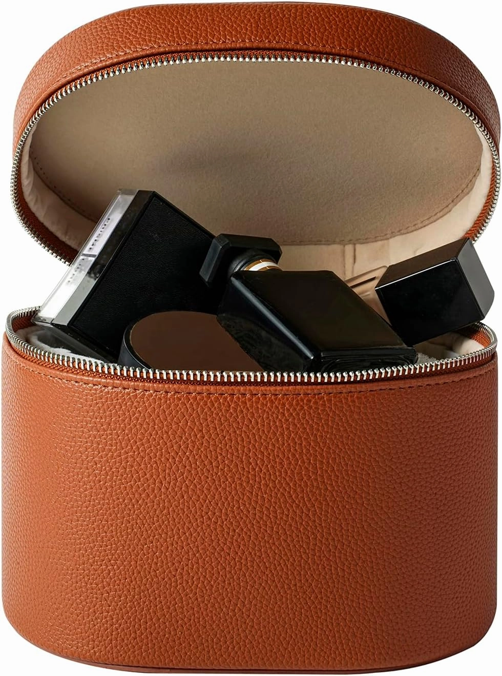 Aesthetic Makeup Bag, Travel Makeup Vanity Case with Divider and Handle, Waterproof PU Leather Cosmetic Organizer Bag, Portable Toiletry Bag for Women(01Brown)