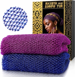 African Net Sponge - 2 Pieces Real Exfoliating Bath Sponge, Owned Body Scrubber for Shower, Gentle for Sensitive/Dry/Acne Skin, Long-Lasting Back & Skin Exfoliator（Purple Blue）