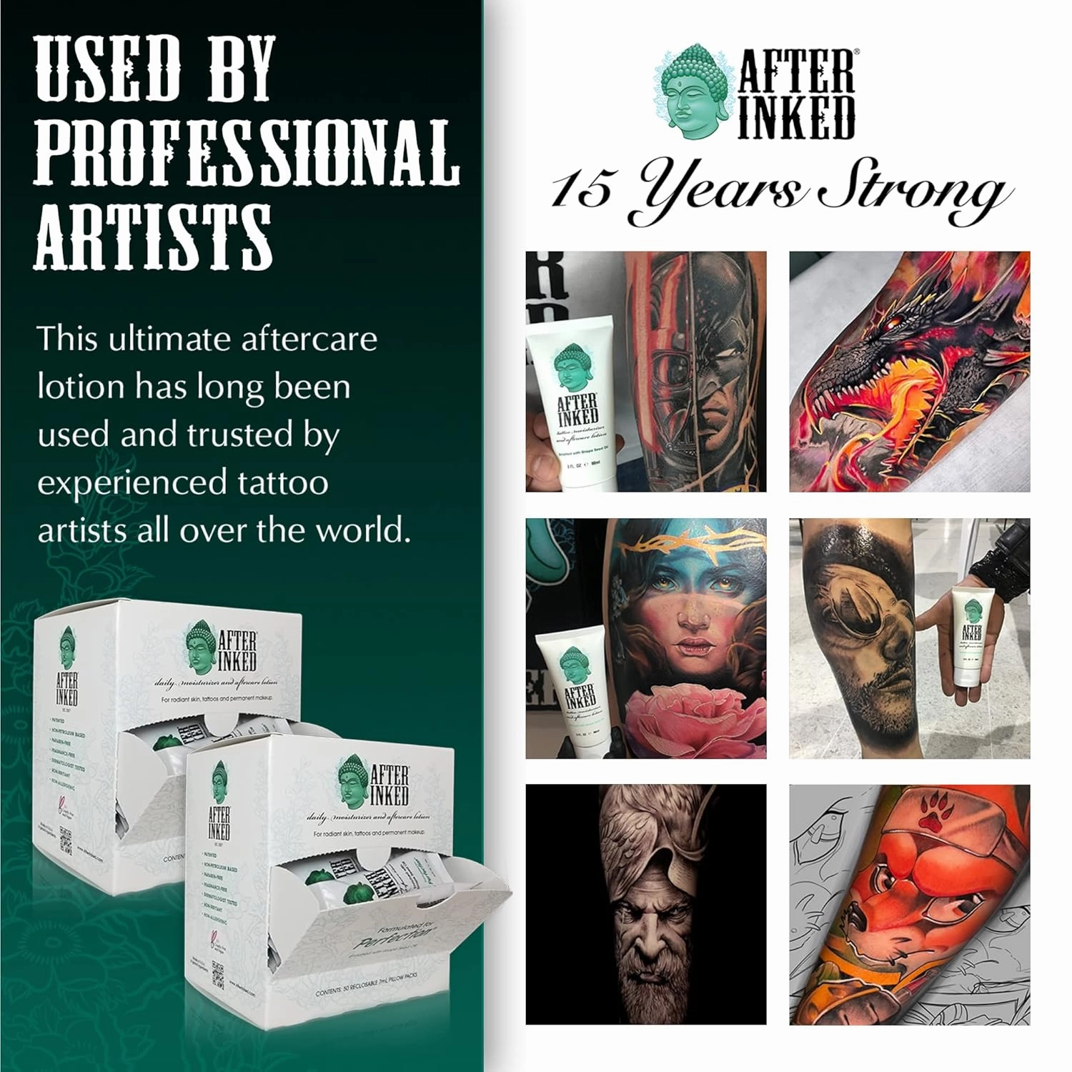After Inked Tattoo Aftercare Lotion – Moisturizing Balm, As Seen on INK MASTER, Hydrating Cream with Grape Seed Oil, Skin Nourishment & Daily Maintenance, Reclosable Pillow Pack (100-Pack), 7ml