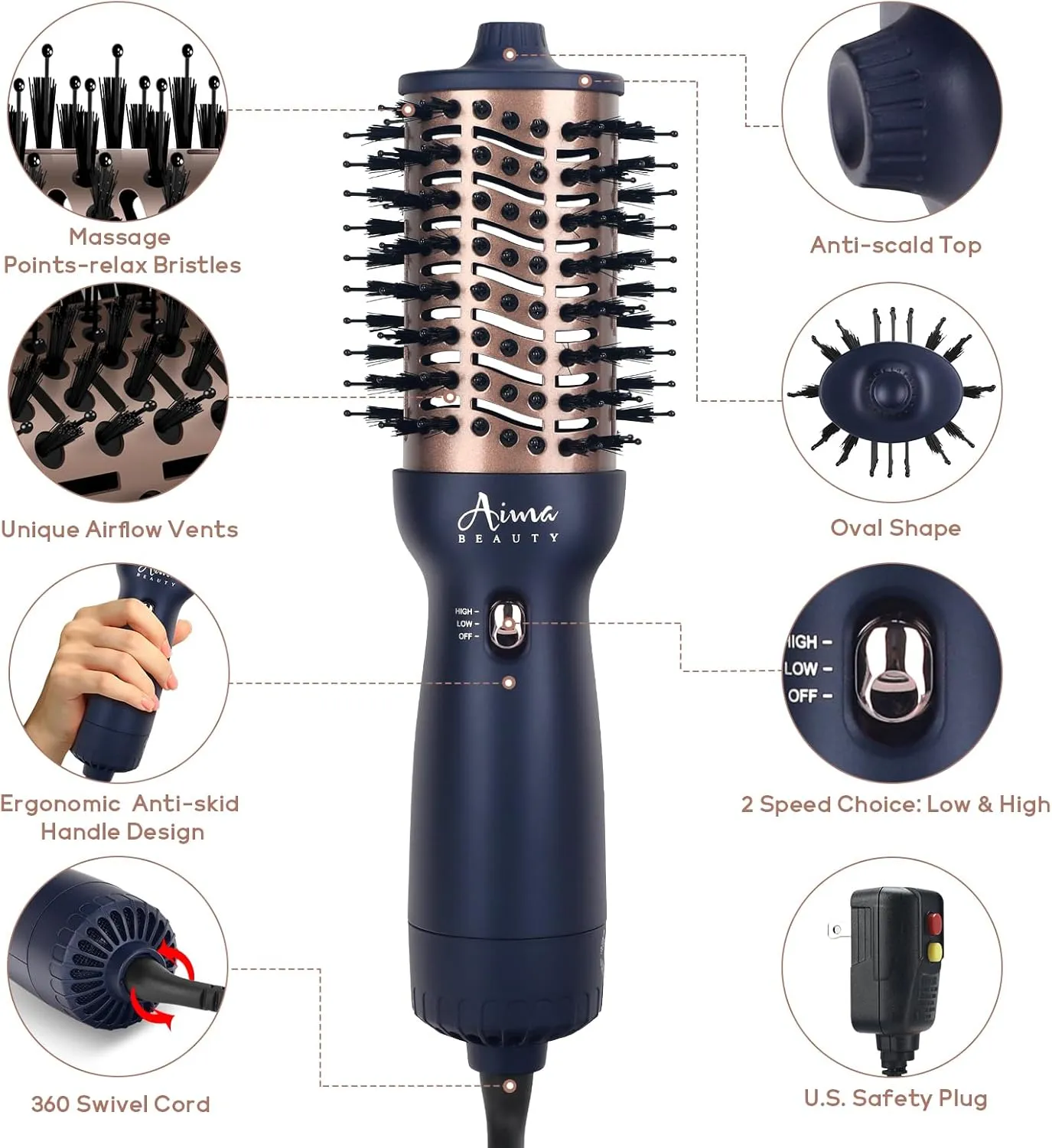 Aima Beauty Worldwide Travel Hair Dryer Brush Dual Voltage Blow Dryer Brush Hot Air Brush Oval Barrel 360°Airflow for Smooth, Negative Ionic Frizz-Free Drying/Straightening/Voluming,Prussian Blue