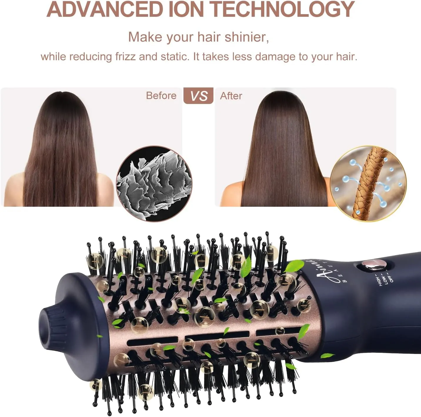 Aima Beauty Worldwide Travel Hair Dryer Brush Dual Voltage Blow Dryer Brush Hot Air Brush Oval Barrel 360°Airflow for Smooth, Negative Ionic Frizz-Free Drying/Straightening/Voluming,Prussian Blue