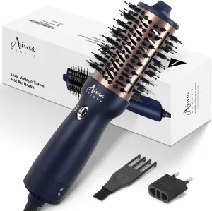 Aima Beauty Worldwide Travel Hair Dryer Brush Dual Voltage Blow Dryer Brush Hot Air Brush Oval Barrel 360°Airflow for Smooth, Negative Ionic Frizz-Free Drying/Straightening/Voluming,Prussian Blue