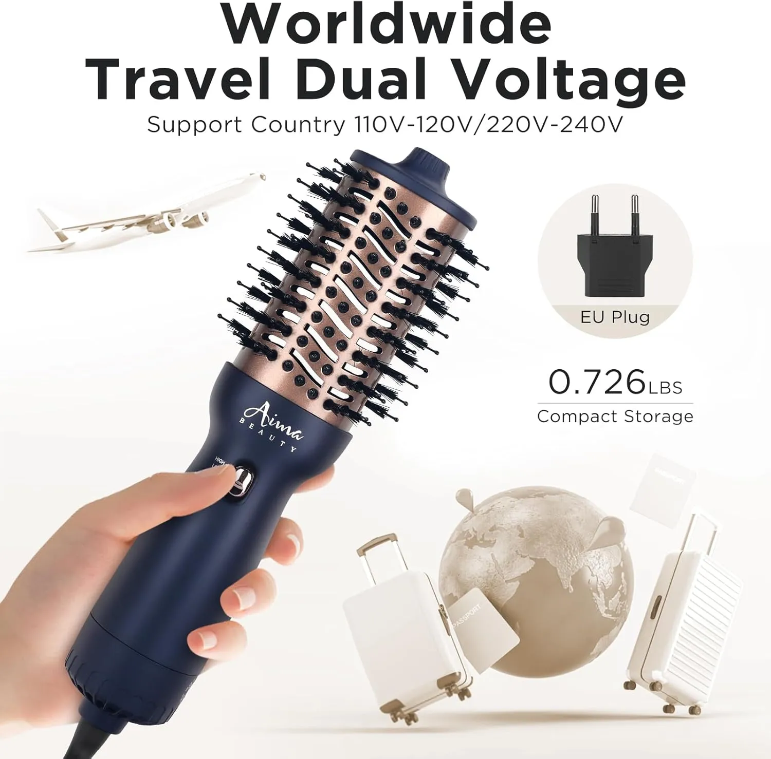 Aima Beauty Worldwide Travel Hair Dryer Brush Dual Voltage Blow Dryer Brush Hot Air Brush Oval Barrel 360°Airflow for Smooth, Negative Ionic Frizz-Free Drying/Straightening/Voluming,Prussian Blue
