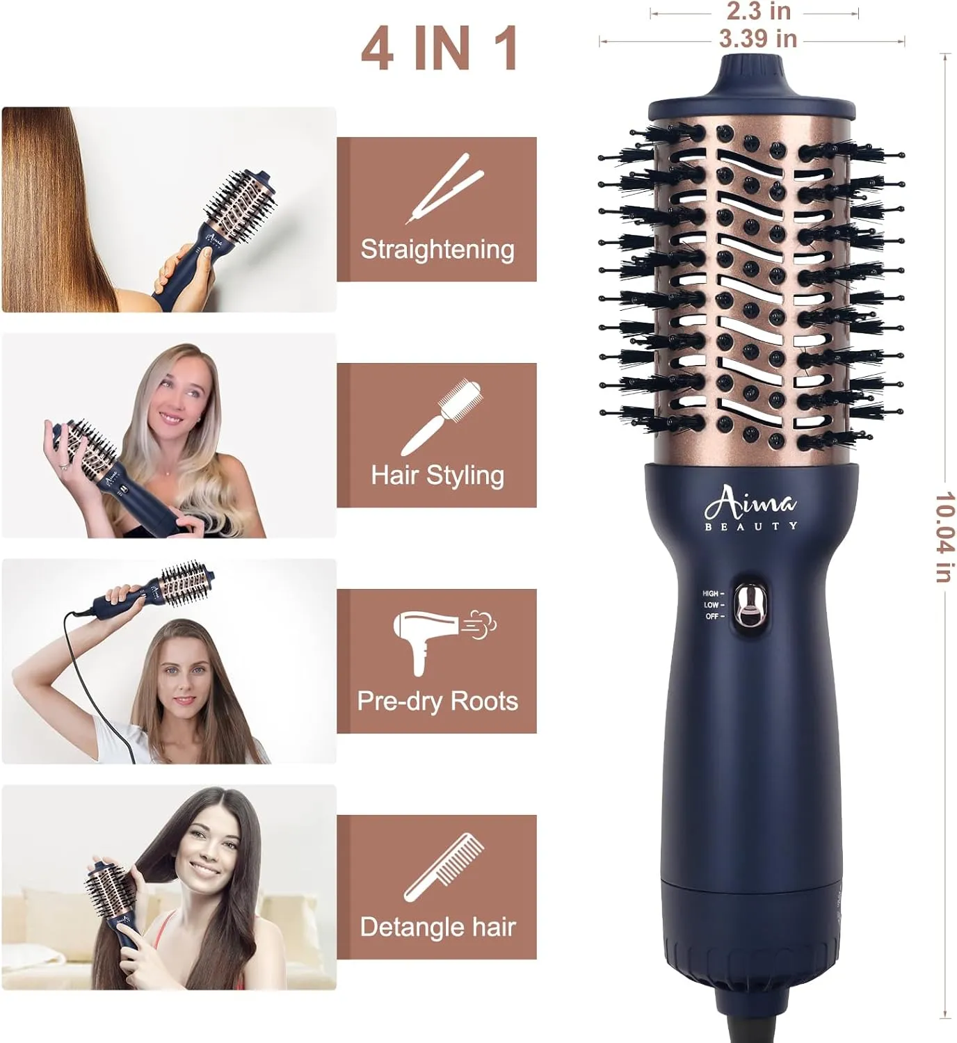 Aima Beauty Worldwide Travel Hair Dryer Brush Dual Voltage Blow Dryer Brush Hot Air Brush Oval Barrel 360°Airflow for Smooth, Negative Ionic Frizz-Free Drying/Straightening/Voluming,Prussian Blue