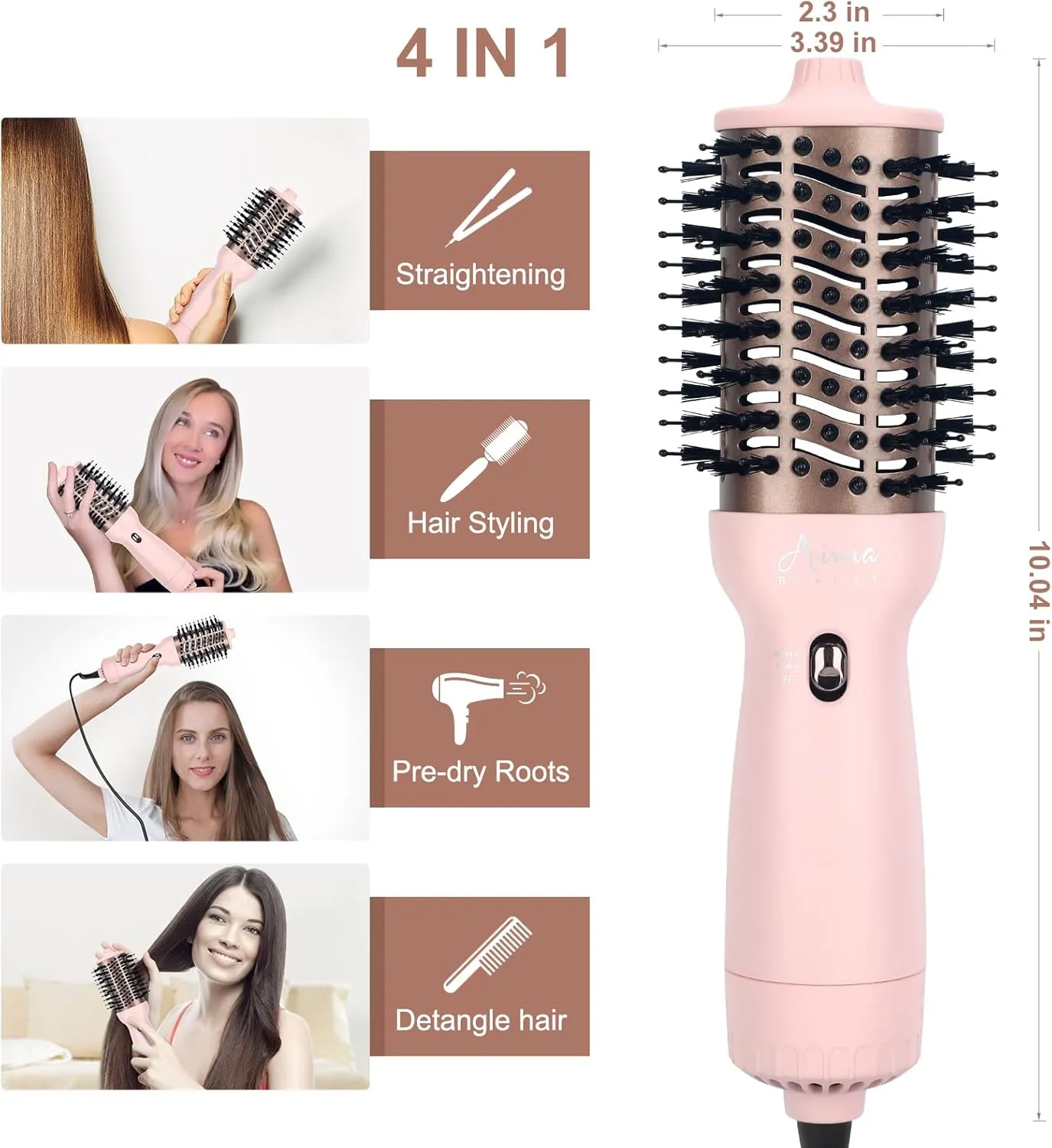 Aima Beauty Worldwide Travel Hair Dryer Brush Dual Voltage Blow Dryer Brush Hot Air Brush with Oval Barrel 360°Airflow for Smooth, Negative Ionic Frizz-Free Drying/Straightening/Voluming, Pink