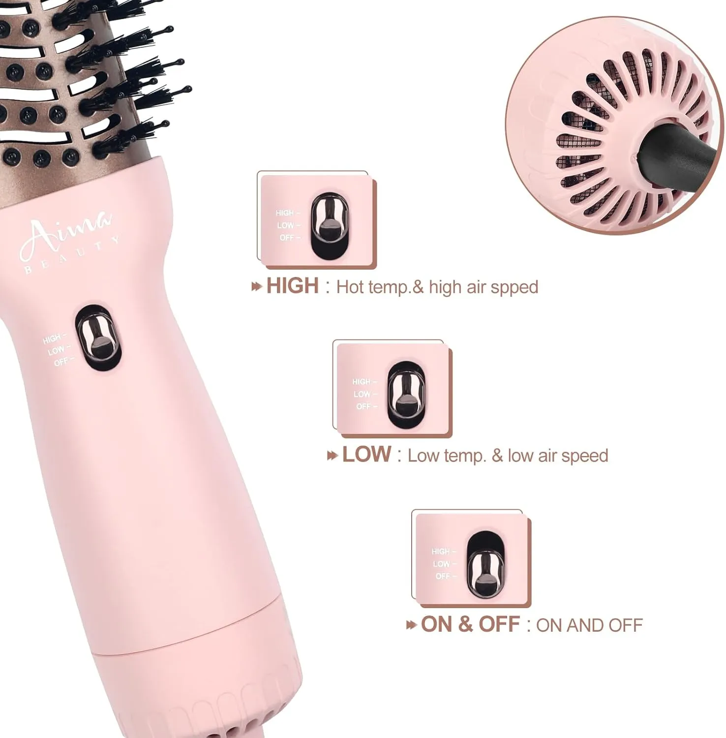 Aima Beauty Worldwide Travel Hair Dryer Brush Dual Voltage Blow Dryer Brush Hot Air Brush with Oval Barrel 360°Airflow for Smooth, Negative Ionic Frizz-Free Drying/Straightening/Voluming, Pink