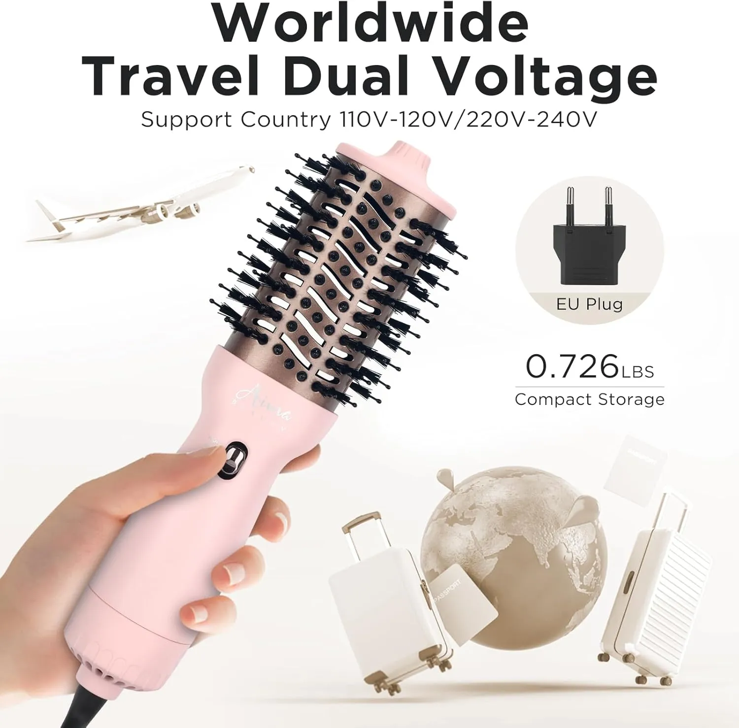 Aima Beauty Worldwide Travel Hair Dryer Brush Dual Voltage Blow Dryer Brush Hot Air Brush with Oval Barrel 360°Airflow for Smooth, Negative Ionic Frizz-Free Drying/Straightening/Voluming, Pink