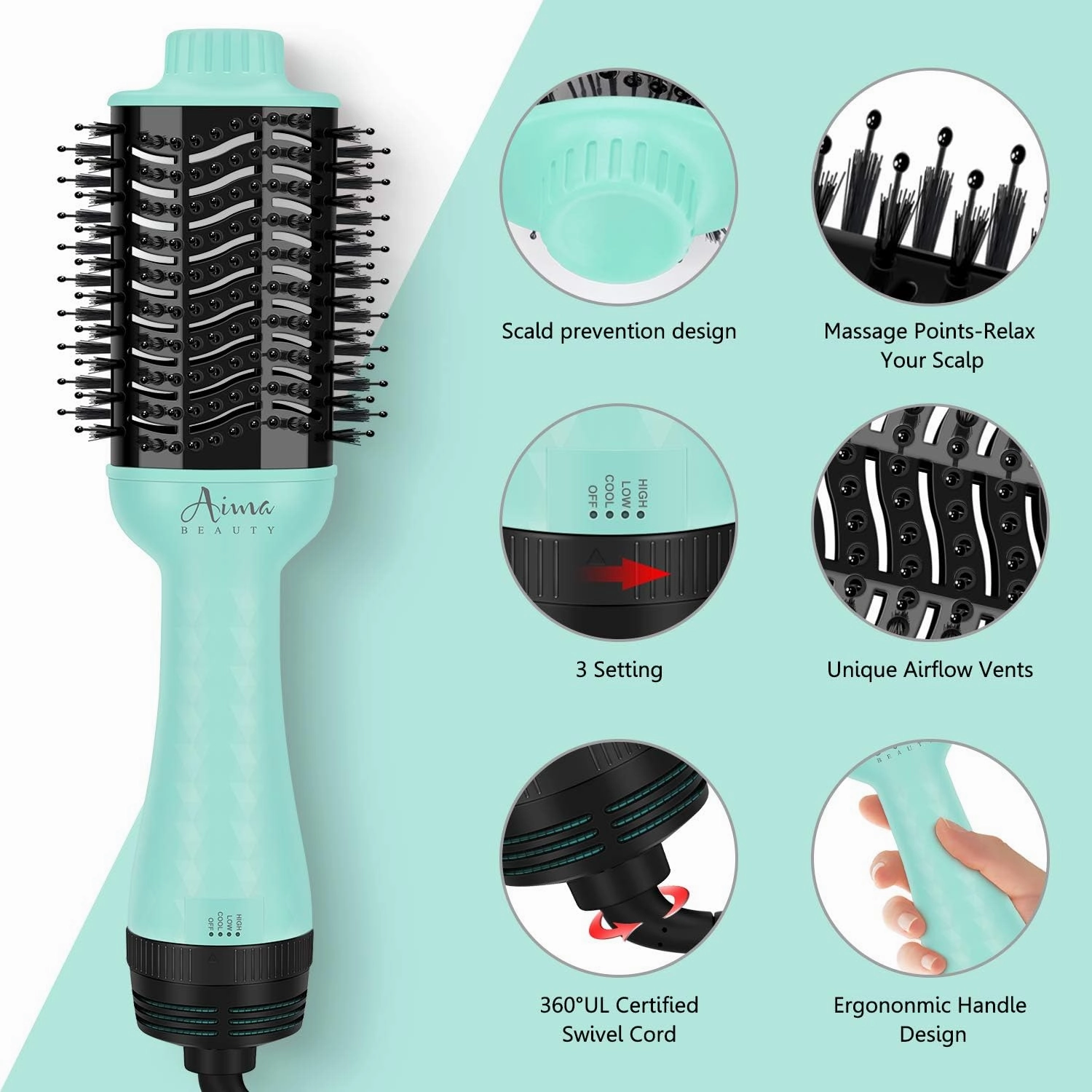Aima Beauty One-Step Volumizer Hair Dryer Brush, 4-in-1 Upgrade Hot Air Brush for Less Frizz, More Shine, Oval Brush for Blowout, Light Green