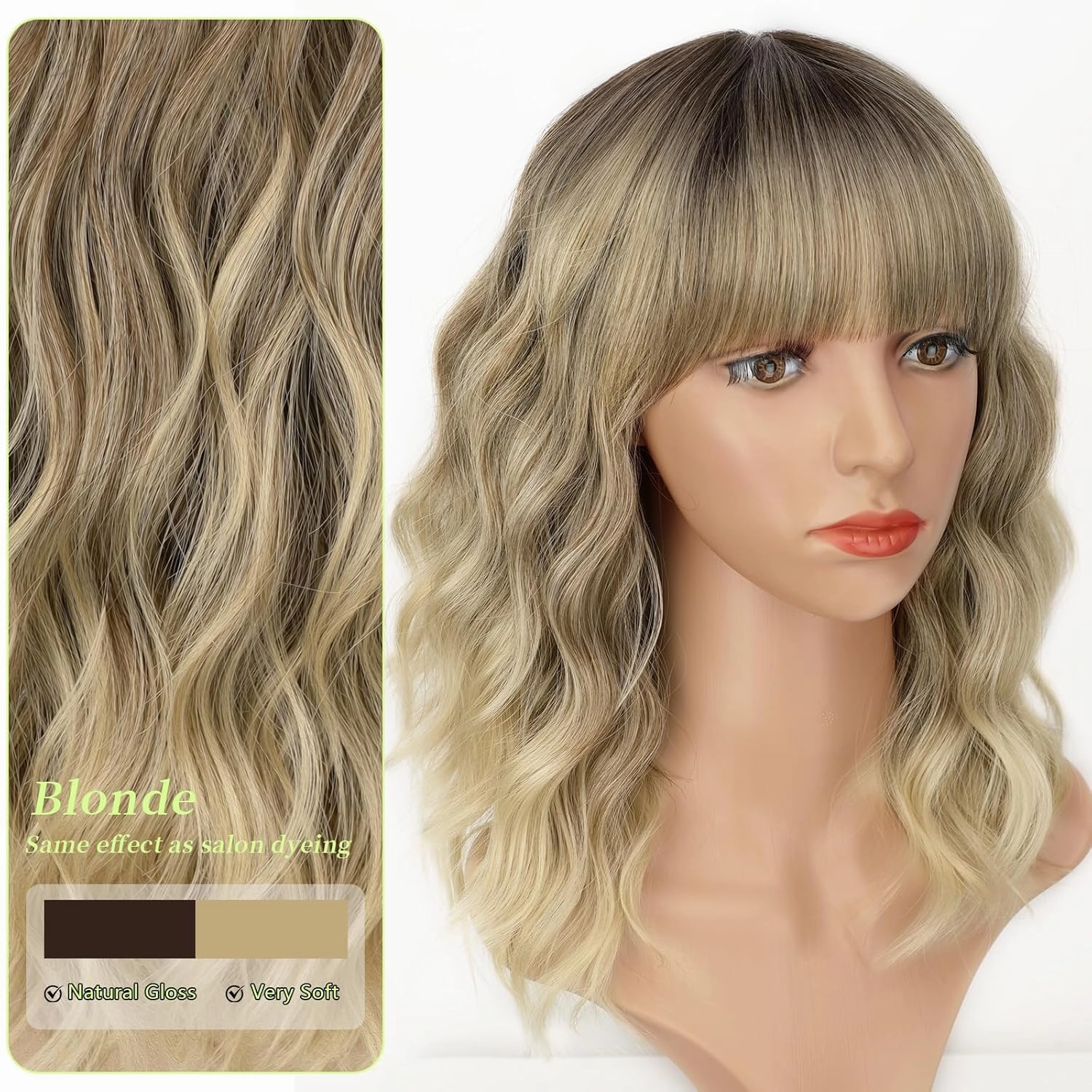 AISI HAIR Curly Bob Wig with Bangs Ombre Blonde Color Short Wavy Wigs for Women Bob Style Synthetic Heat Resistant Bob Wigs