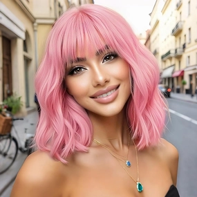 AISI HAIR Curly Bob Wig with Bangs Short Wavy Pink Color Wigs for Women Bob Style Synthetic Heat Resistant Bob Wigs