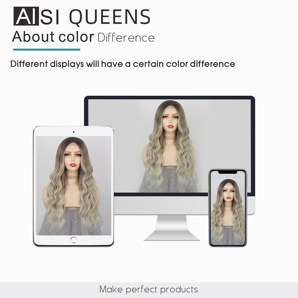 AISI QUEENS Long Wavy Wig, Ombre Wigs for Women, Dirty Blonde Synthetic Curly Wavy Wigs Middle Part Hair Replacement Wigs for Daily Party Use