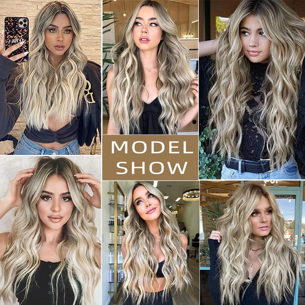 AISI QUEENS Long Wavy Wig, Ombre Wigs for Women, Dirty Blonde Synthetic Curly Wavy Wigs Middle Part Hair Replacement Wigs for Daily Party Use