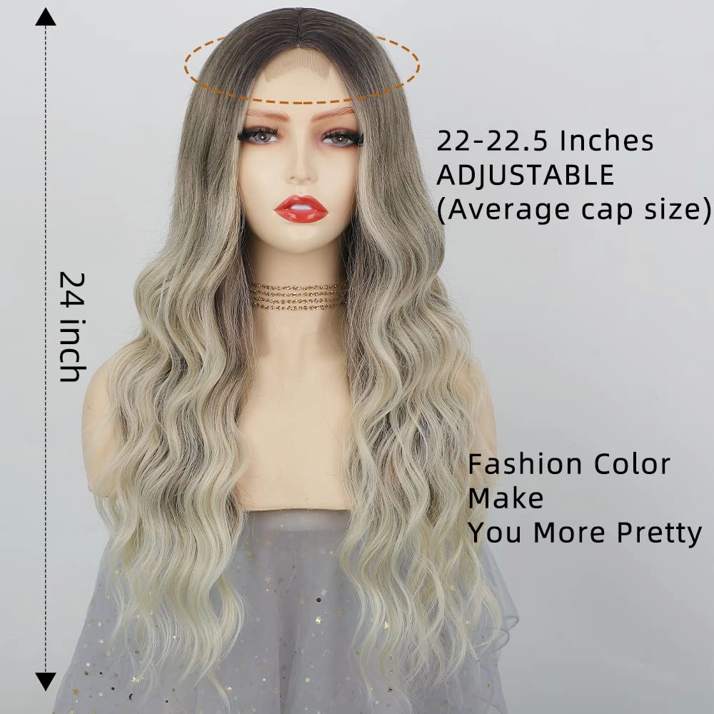 AISI QUEENS Long Wavy Wig, Ombre Wigs for Women, Dirty Blonde Synthetic Curly Wavy Wigs Middle Part Hair Replacement Wigs for Daily Party Use