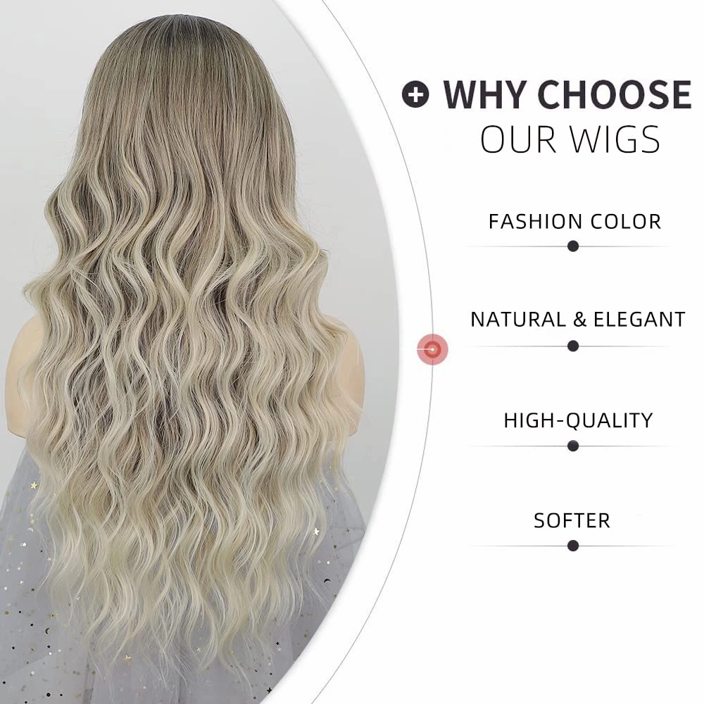 AISI QUEENS Long Wavy Wig, Ombre Wigs for Women, Dirty Blonde Synthetic Curly Wavy Wigs Middle Part Hair Replacement Wigs for Daily Party Use