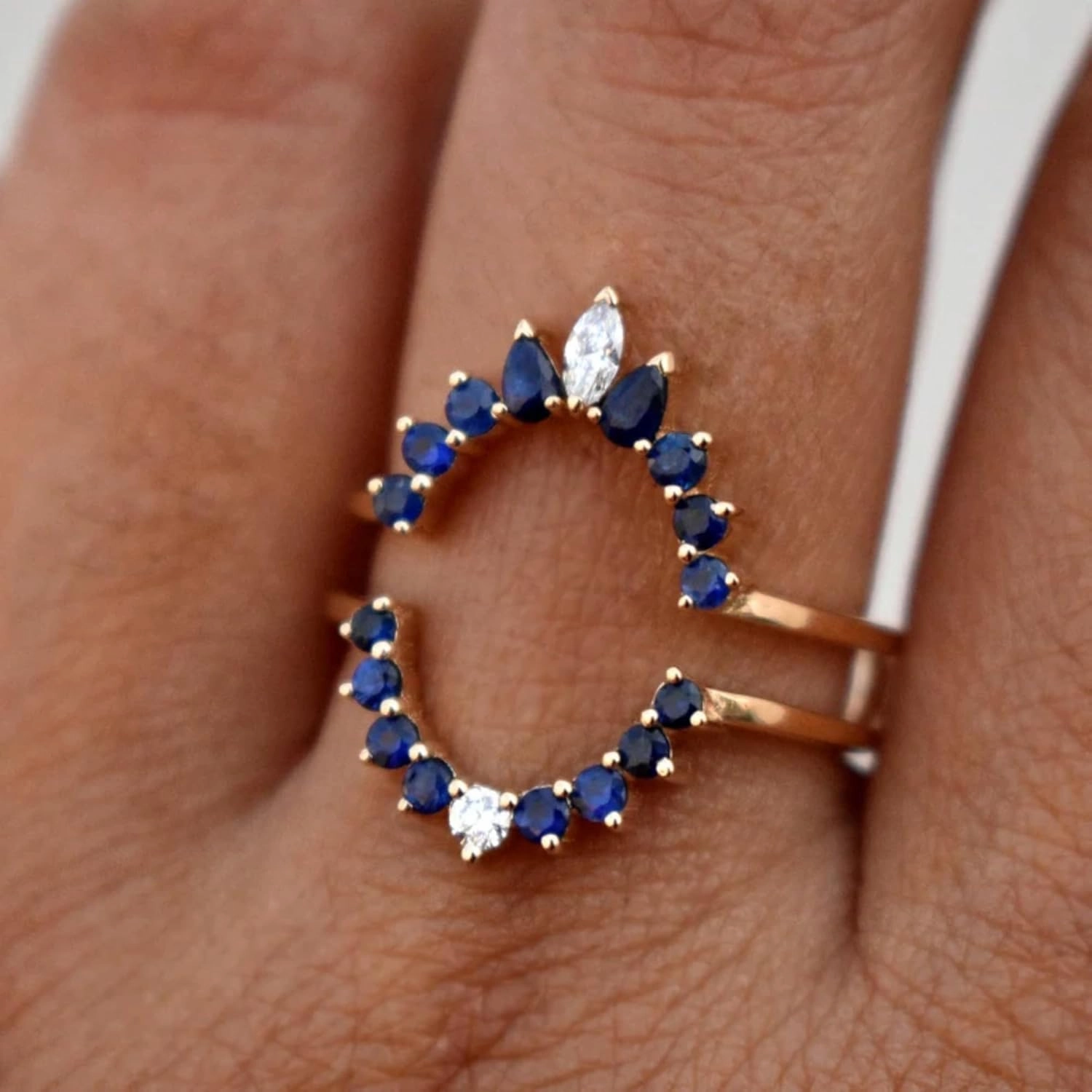 AJU ENTERPRISE Blue Sapphire & Diamond Ring Guard Enhancer in 14k Rose Gold Vermeil - Ring Wrap for Oval Engagement Ring - Bridal Jewelry For Womens