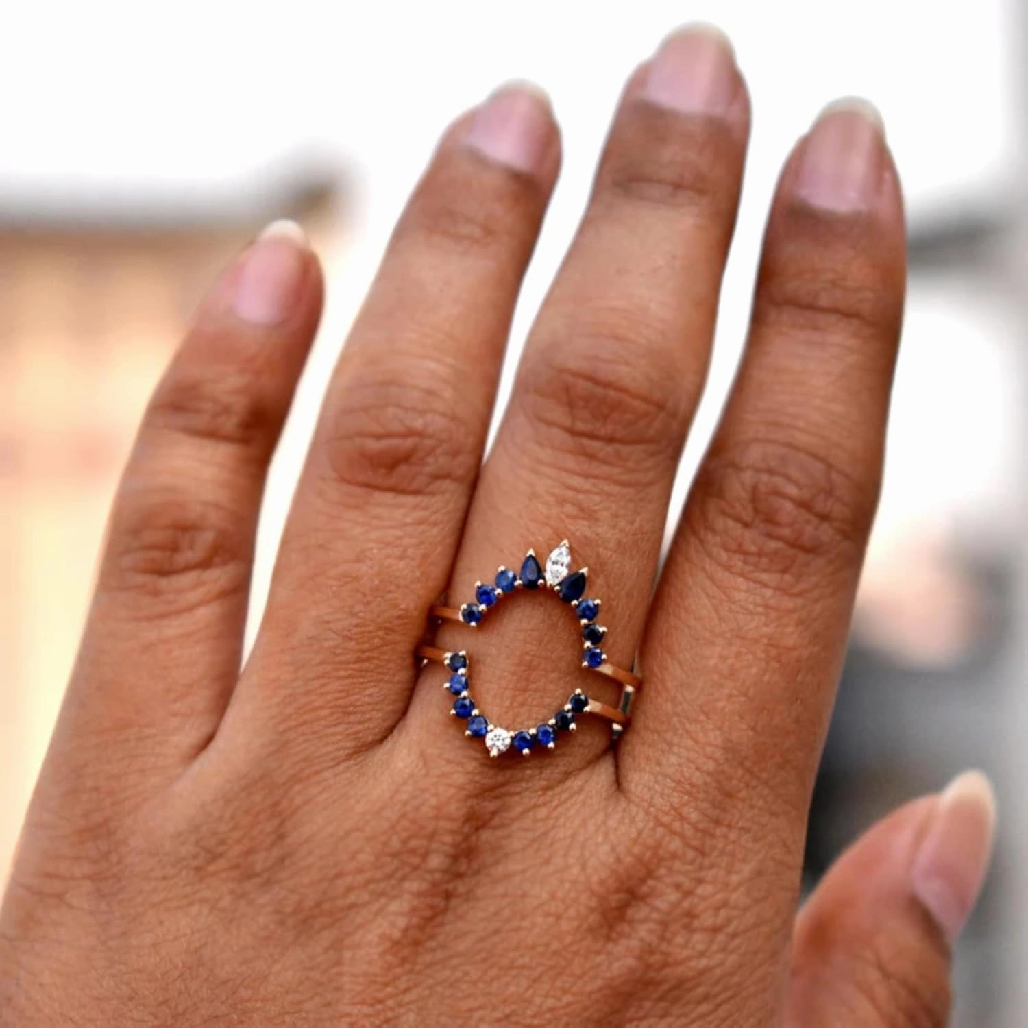 AJU ENTERPRISE Blue Sapphire & Diamond Ring Guard Enhancer in 14k Rose Gold Vermeil - Ring Wrap for Oval Engagement Ring - Bridal Jewelry For Womens
