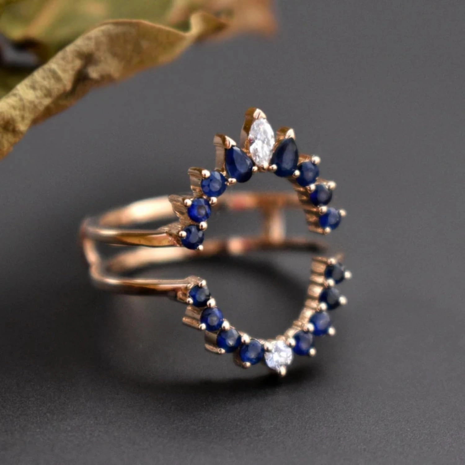 AJU ENTERPRISE Blue Sapphire & Diamond Ring Guard Enhancer in 14k Rose Gold Vermeil - Ring Wrap for Oval Engagement Ring - Bridal Jewelry For Womens