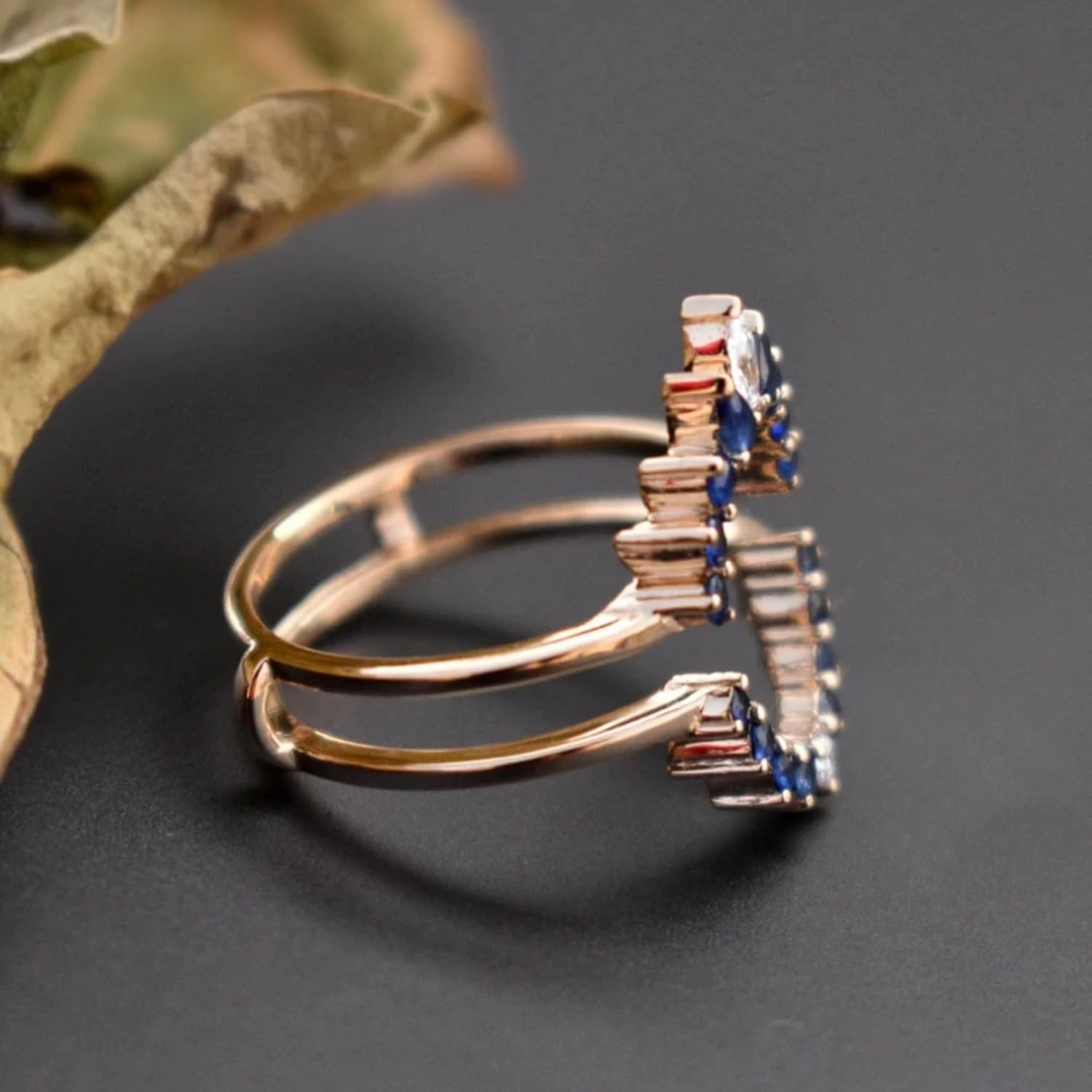 AJU ENTERPRISE Blue Sapphire & Diamond Ring Guard Enhancer in 14k Rose Gold Vermeil - Ring Wrap for Oval Engagement Ring - Bridal Jewelry For Womens