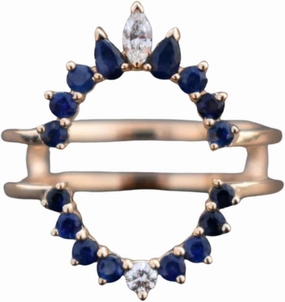 AJU ENTERPRISE Blue Sapphire & Diamond Ring Guard Enhancer in 14k Rose Gold Vermeil - Ring Wrap for Oval Engagement Ring - Bridal Jewelry For Womens