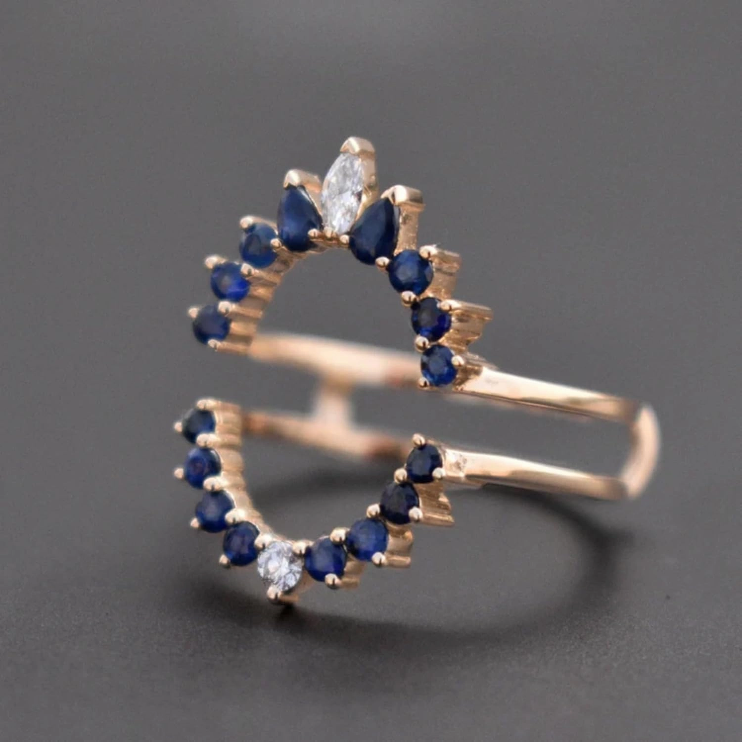 AJU ENTERPRISE Blue Sapphire & Diamond Ring Guard Enhancer in 14k Rose Gold Vermeil - Ring Wrap for Oval Engagement Ring - Bridal Jewelry For Womens