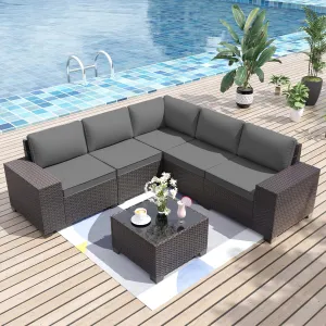 ALAULM Patio Furniture Sets 6 Pieces Patio Sectional Outdoor Furniture Patio Sofa Chairs Set All Weather PE Rattan Wicker Couch Conversation Set with 5 Grey Thickened Cushions & Coffee Table