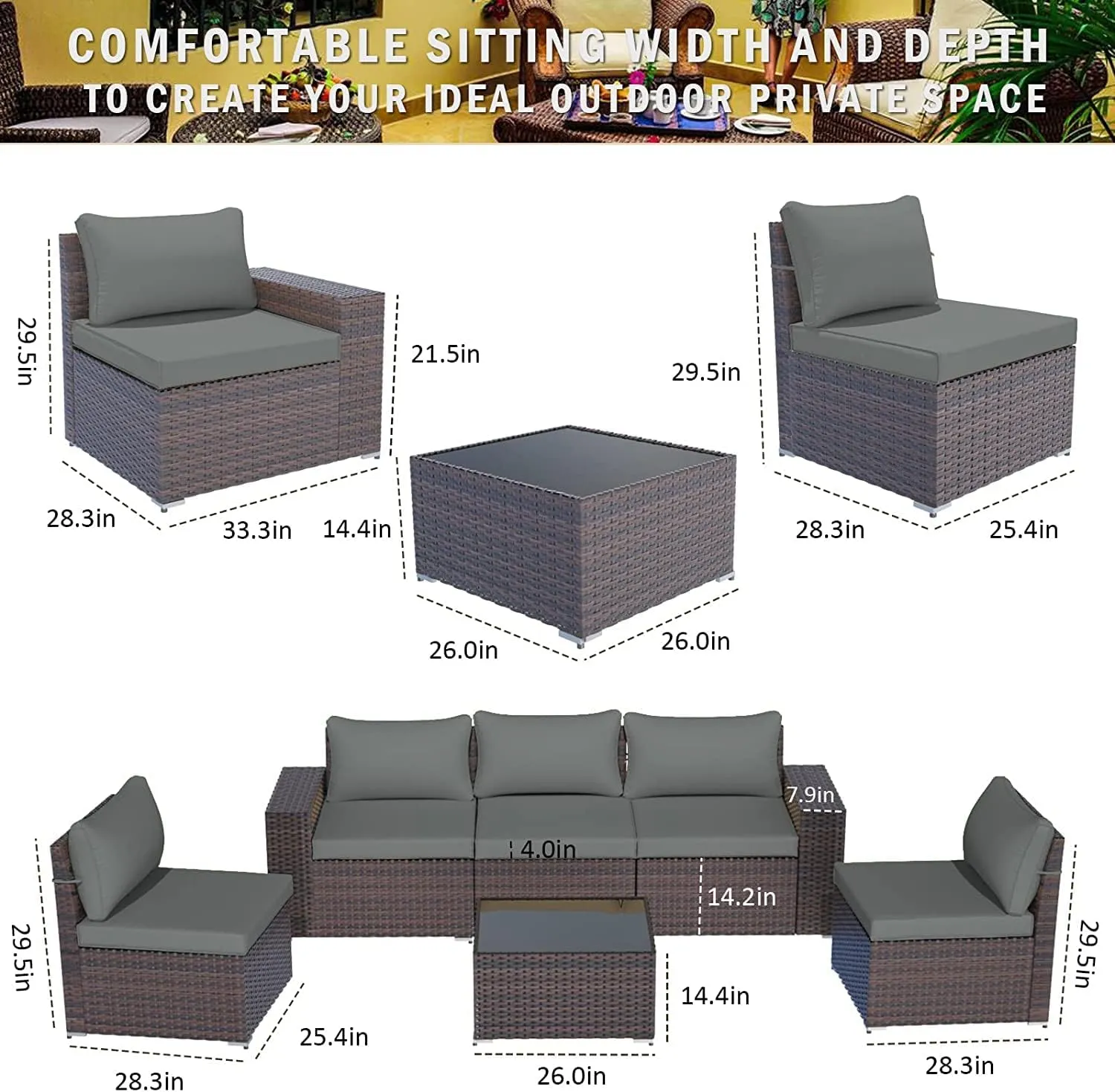 ALAULM Patio Furniture Sets 6 Pieces Patio Sectional Outdoor Furniture Patio Sofa Chairs Set All Weather PE Rattan Wicker Couch Conversation Set with 5 Grey Thickened Cushions & Coffee Table