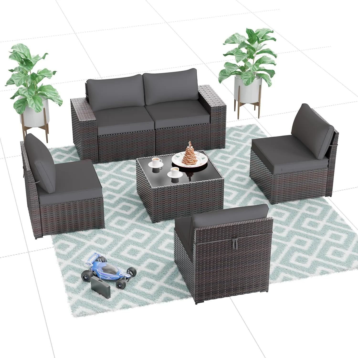 ALAULM Patio Furniture Sets 6 Pieces Patio Sectional Outdoor Furniture Patio Sofa Chairs Set All Weather PE Rattan Wicker Couch Conversation Set with 5 Grey Thickened Cushions & Coffee Table