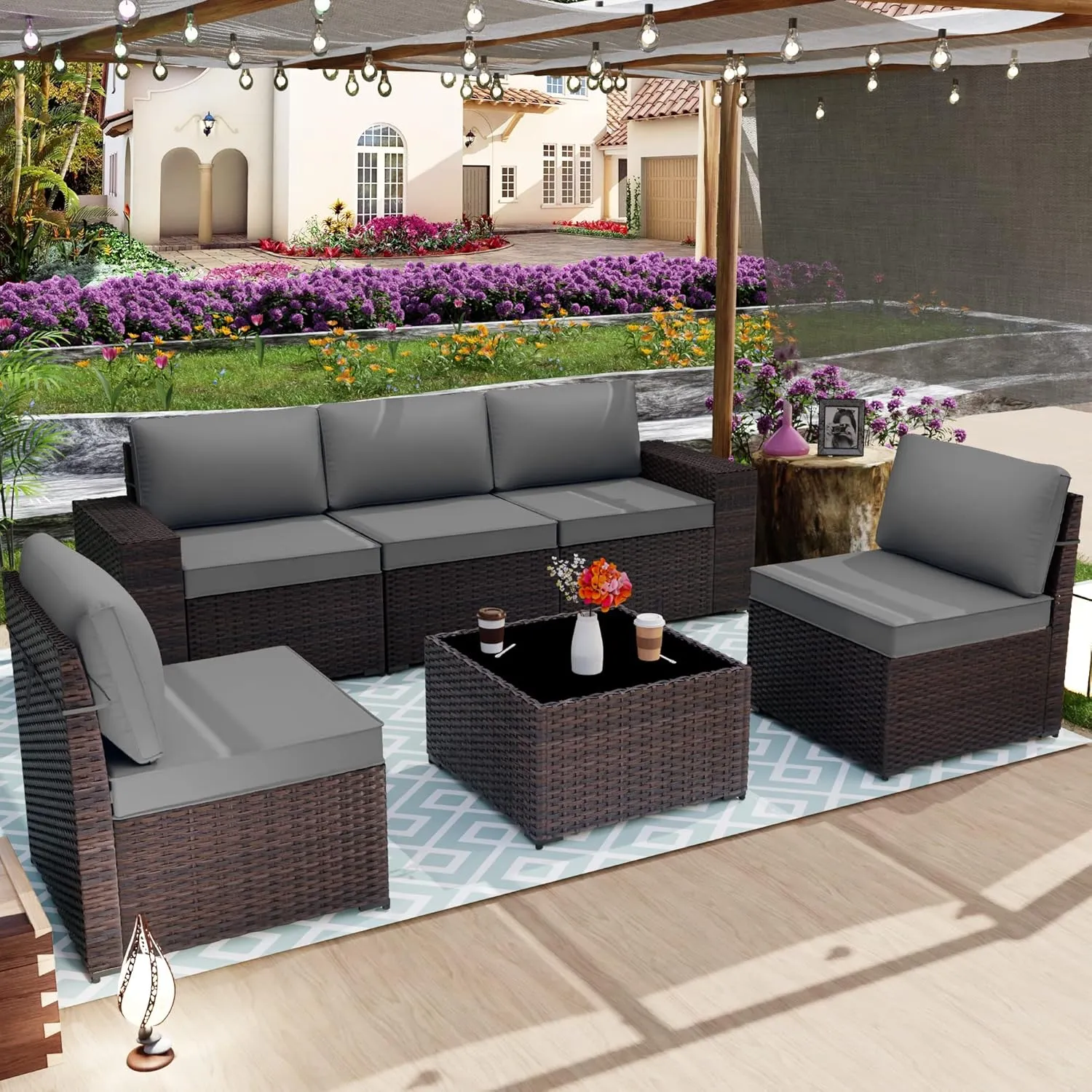 ALAULM Patio Furniture Sets 6 Pieces Patio Sectional Outdoor Furniture Patio Sofa Chairs Set All Weather PE Rattan Wicker Couch Conversation Set with 5 Grey Thickened Cushions & Coffee Table