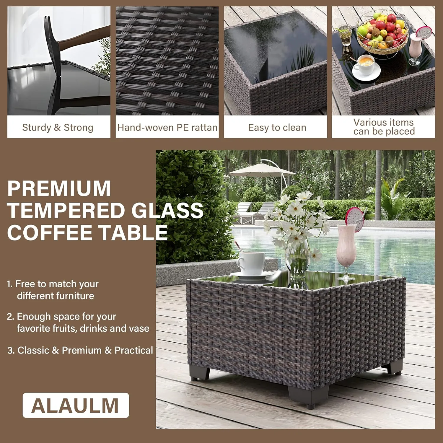 ALAULM Patio Furniture Sets 6 Pieces Patio Sectional Outdoor Furniture Patio Sofa Chairs Set All Weather PE Rattan Wicker Couch Conversation Set with 5 Grey Thickened Cushions & Coffee Table