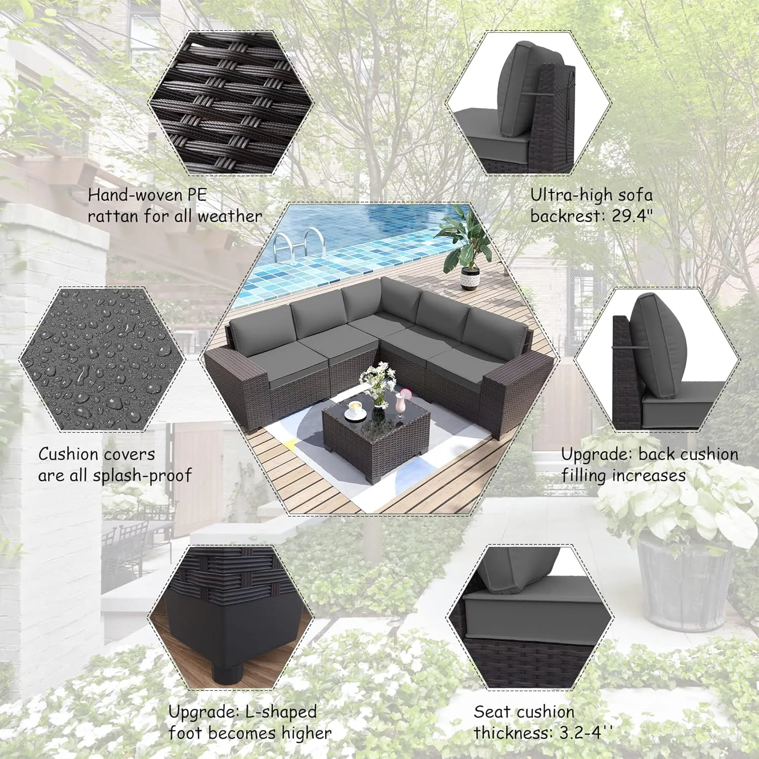 ALAULM Patio Furniture Sets 6 Pieces Patio Sectional Outdoor Furniture Patio Sofa Chairs Set All Weather PE Rattan Wicker Couch Conversation Set with 5 Grey Thickened Cushions & Coffee Table