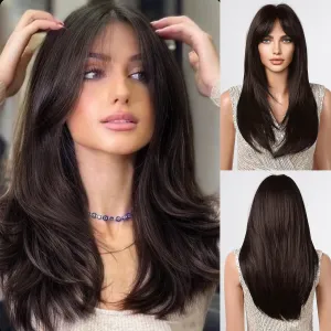 Allbell Black Brown Wigs with Bangs Long Layered Wigs for Women Heat Resistant Syntehtic Natural Hair Wigs