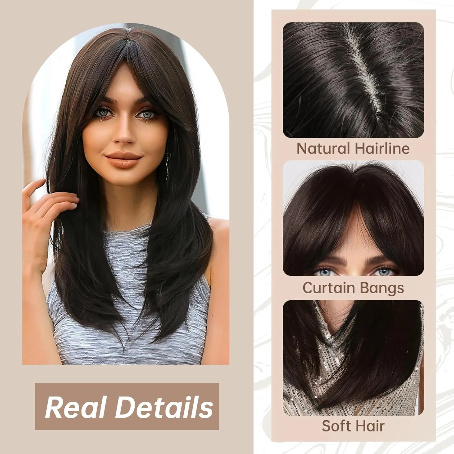 Allbell Black Brown Wigs with Bangs Long Layered Wigs for Women Heat Resistant Syntehtic Natural Hair Wigs