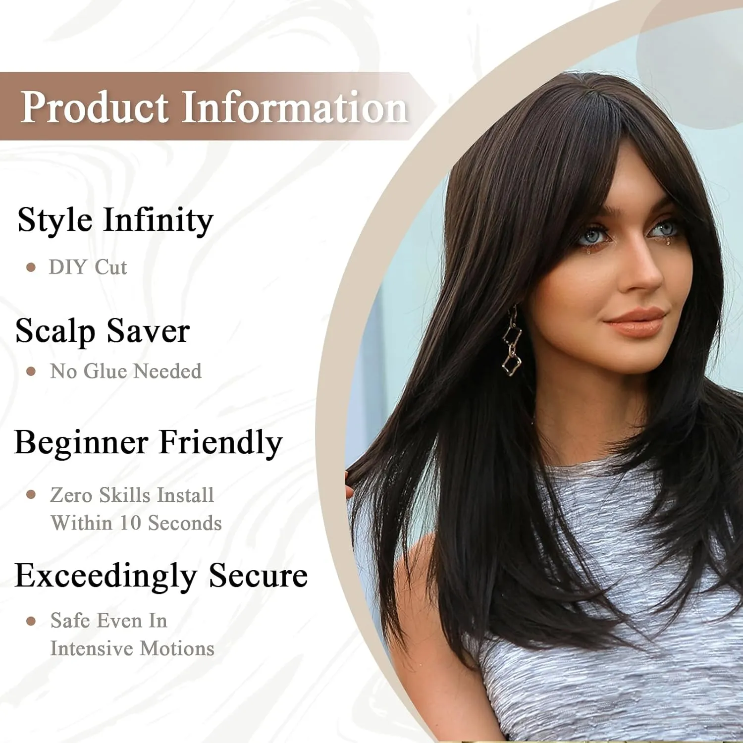 Allbell Black Brown Wigs with Bangs Long Layered Wigs for Women Heat Resistant Syntehtic Natural Hair Wigs