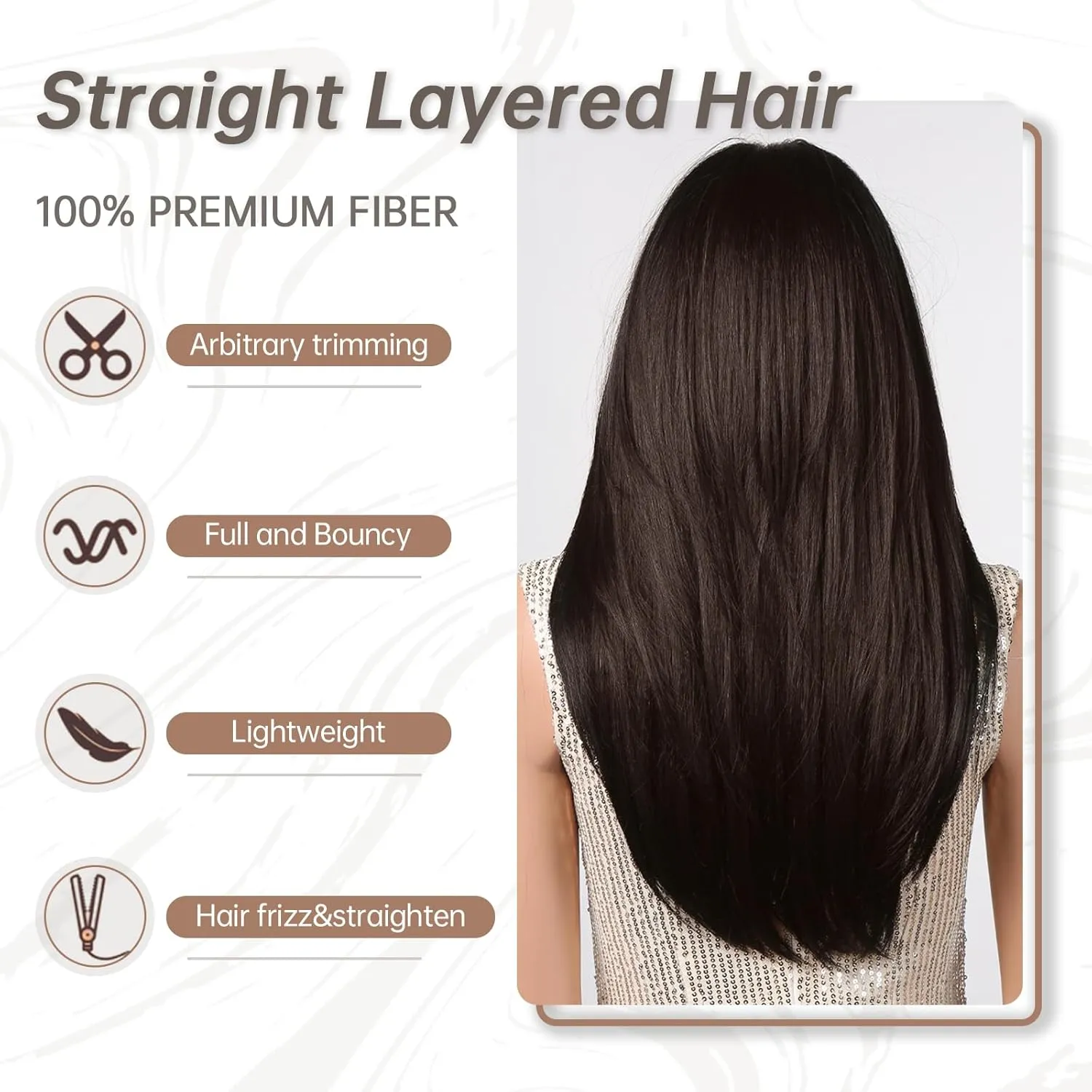 Allbell Black Brown Wigs with Bangs Long Layered Wigs for Women Heat Resistant Syntehtic Natural Hair Wigs