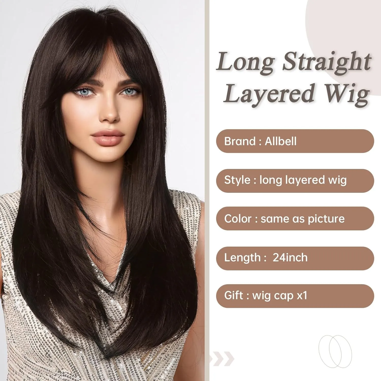 Allbell Black Brown Wigs with Bangs Long Layered Wigs for Women Heat Resistant Syntehtic Natural Hair Wigs