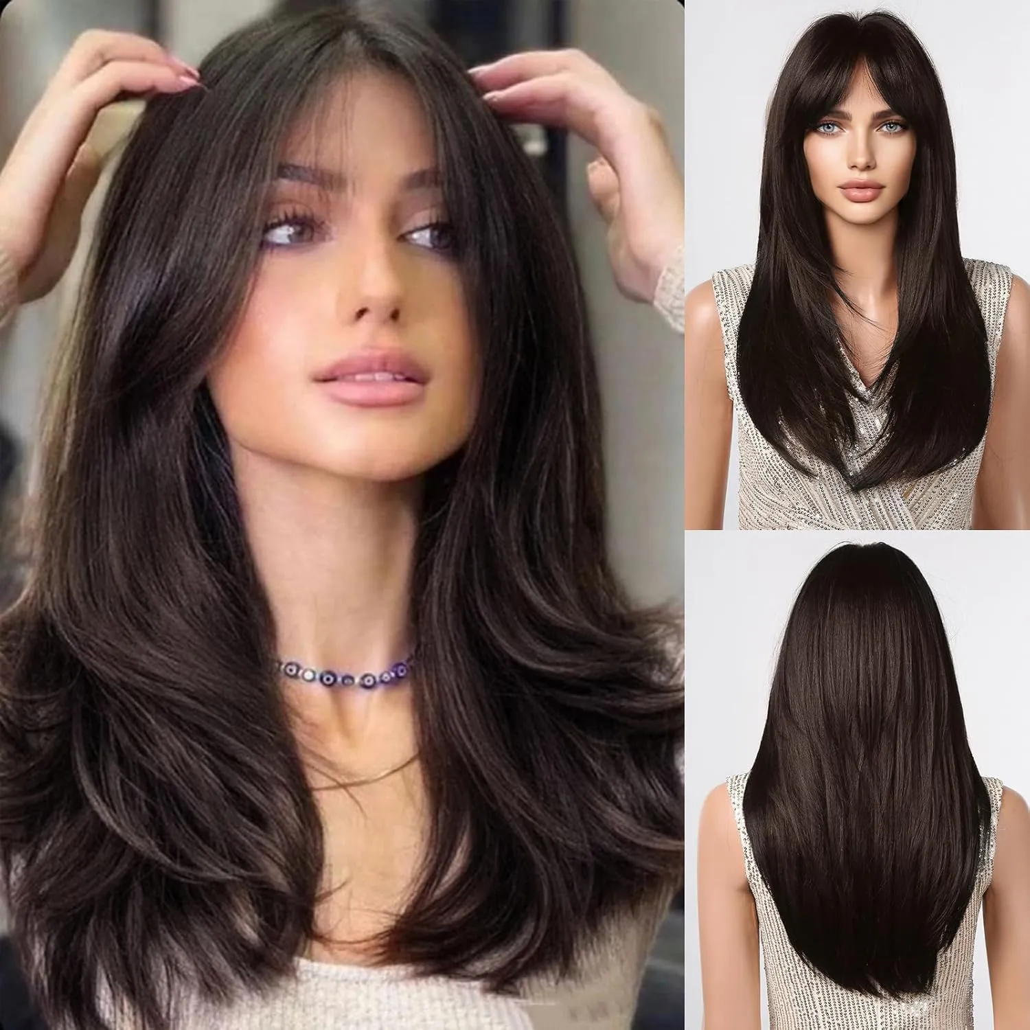 Allbell Black Brown Wigs with Bangs Long Layered Wigs for Women Heat Resistant Syntehtic Natural Hair Wigs