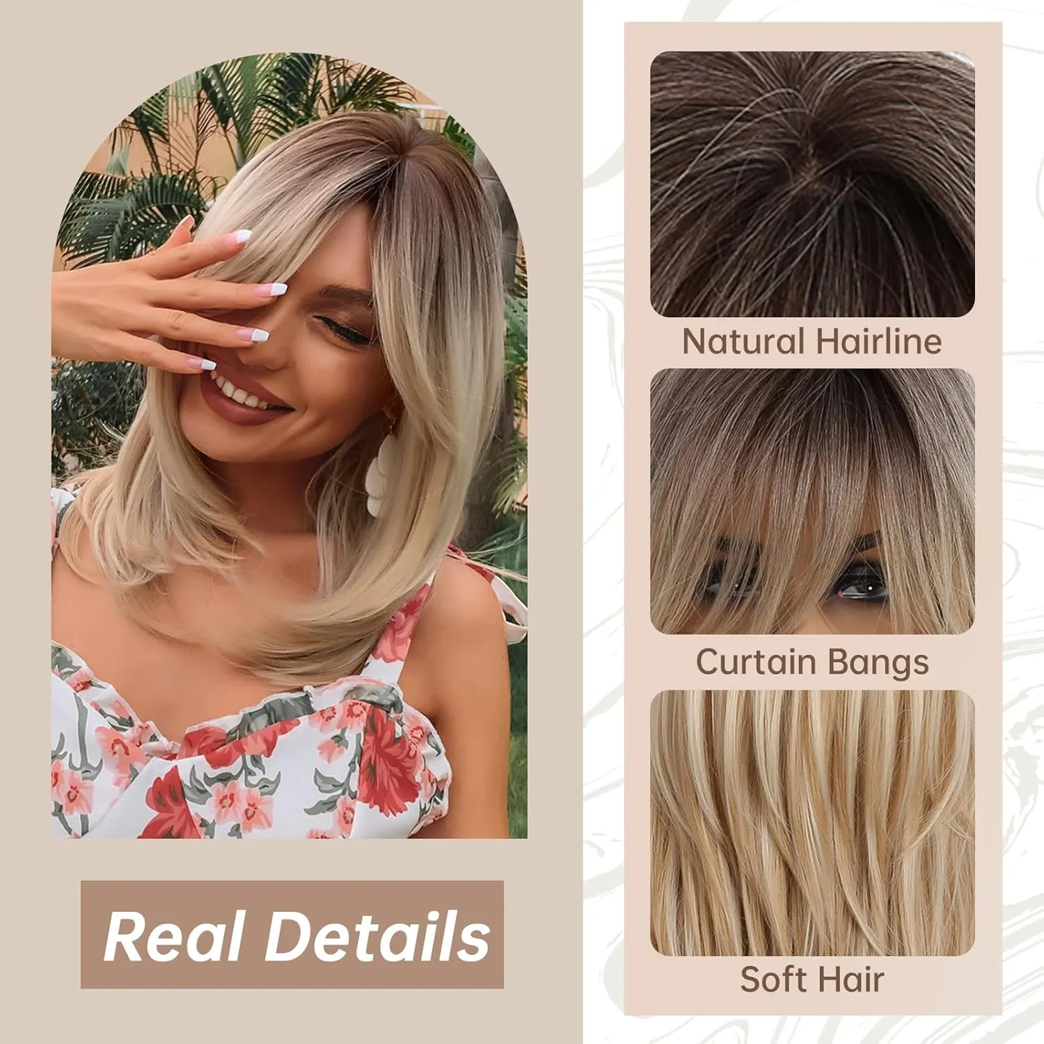 Allbell Mixed Blonde Wig with Curtain Bangs Medium Length Layered Hair Wig for Women Heat Resistant Synthetic Wigs for Daily Use