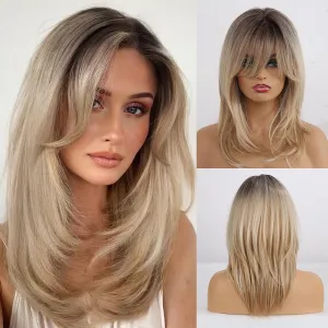 Allbell Mixed Blonde Wig with Curtain Bangs Medium Length Layered Hair Wig for Women Heat Resistant Synthetic Wigs for Daily Use